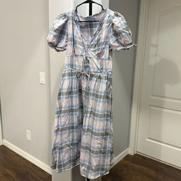 Hill House Sabrina Nap Dress in Spring Plaid Blue Pink Cottagecore Farmhouse M • - Picture 2 of 12